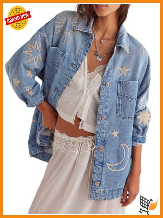 Jackets & Blazers - Vintage Oversized Embroidered Denim Jacket Casual Loose Fit Button Down